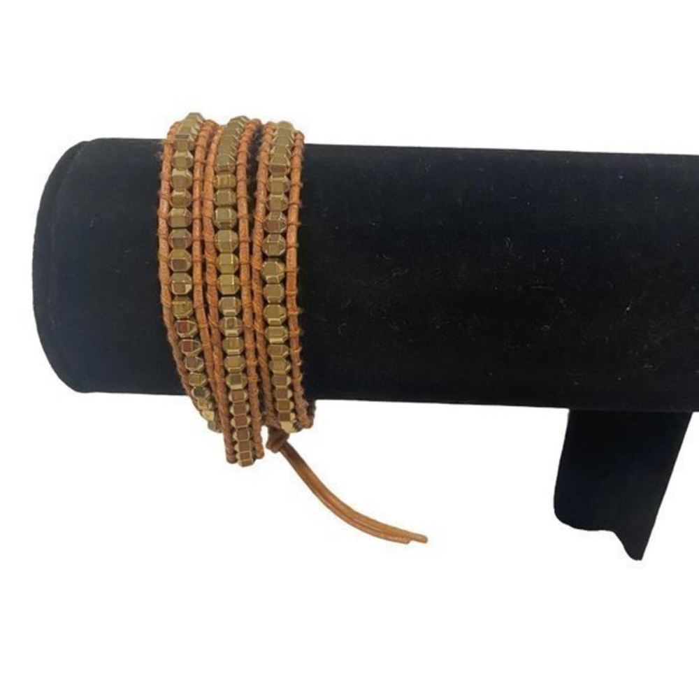Victoria Emerson Tan and‎ Gold Tone Beaded Wrap Bracelet